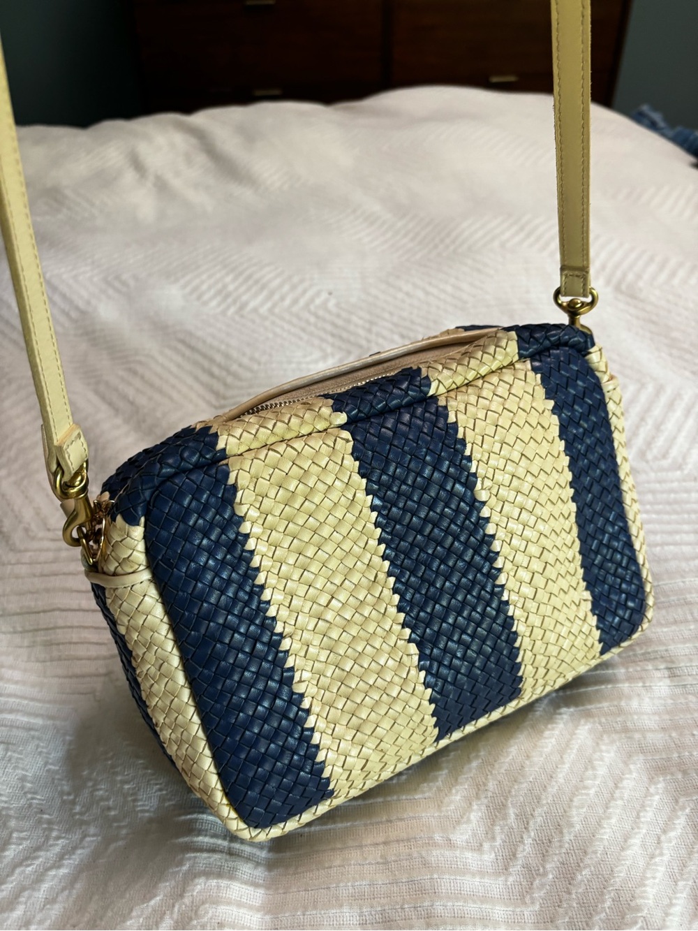 Clare V. Marisol Striped Woven Crossbody Bag - Navy and Cream